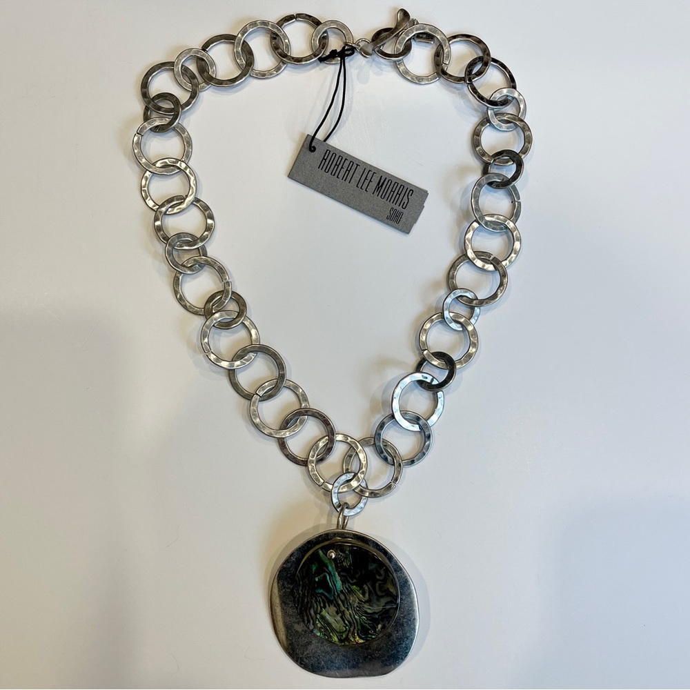 Robert Lee Morris Large Abalone and Antique Silver Metal Disc Pendant